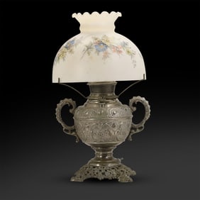 "THE MILLER LAMP" Victorian Nickle Plate Hurricane Lamp with Glass Shade