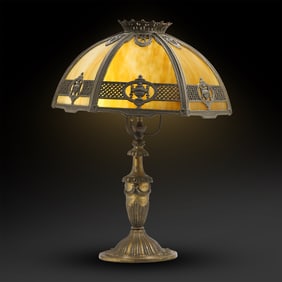 Quality 6-Panel Curved Slag Glass Table Lamp - All Good, Original, Glass all Good 16.5 in. diameter