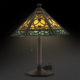 Signed Bradley and Hubbard, B&H, 6-Panel 2-Color Slag Glass Overlay Table Lamp 16 in. dia. shade