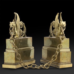 Pair 19th C. Bronze Winged Griffins Figural Fireplace Chenets with Chain. 15 in. height x 10.5 in. w