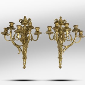 Pair Antique French Empire Bronze Bronze Wall Mount 5-Light Candle Sconces 21.5 in. x 15 in.