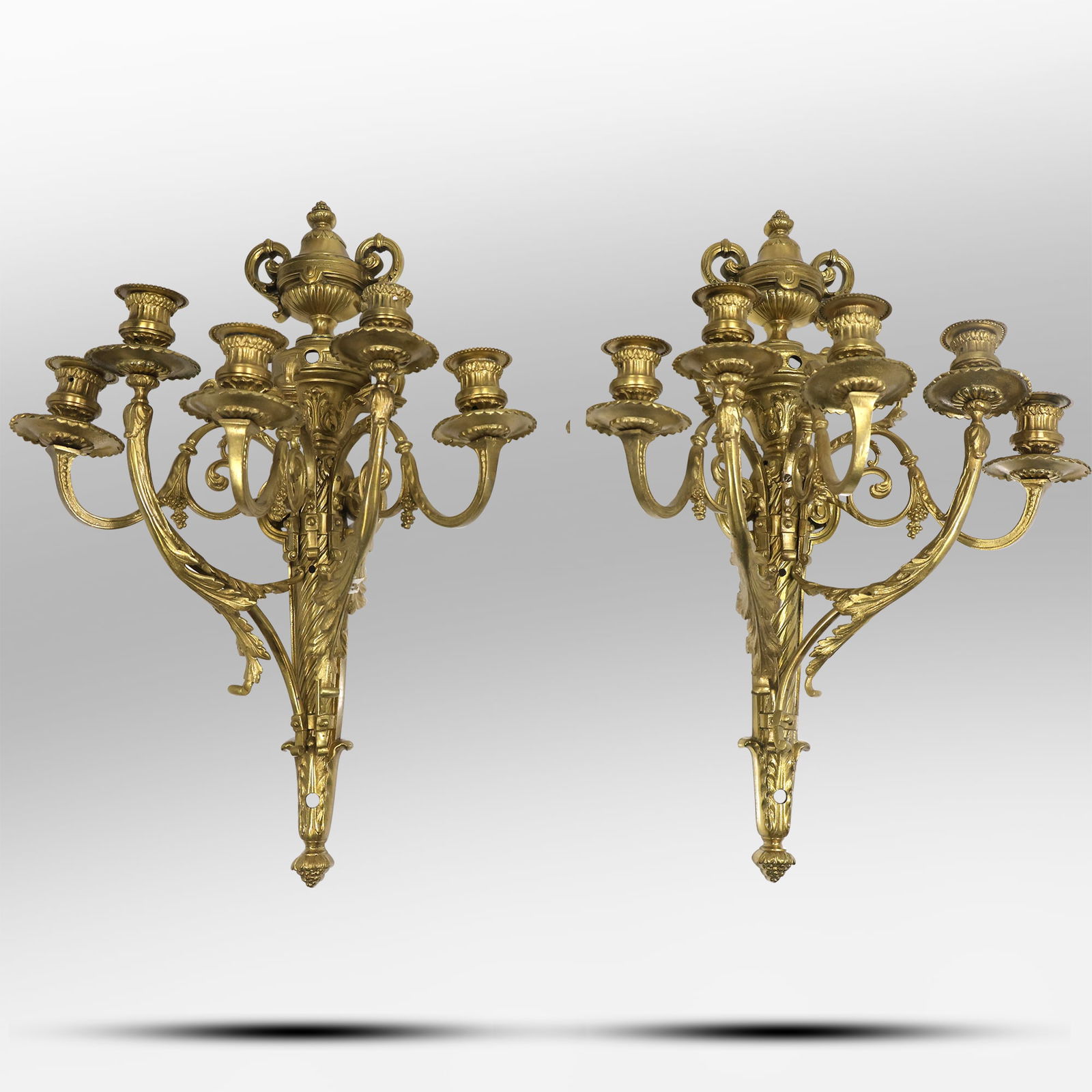 Pair Antique French Empire Bronze Bronze Wall Mount 5-Light Candle Sconces 21.5 in. x 15 in. (1 of 20)
