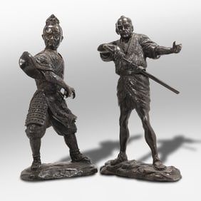 [2] 19th C. Japanese Bronze Samurai Warrior Statue Sculptures 16.75 in. height, Good Paitina