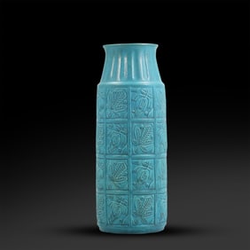 MID-CENTURY MODERN WEST GERMAN TEAL GLAZED POTTERY VASE. IMPRESSED PANELS LEAF DESIGNS
