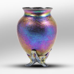 Blue Aurene Iridescent Art Glass Footed Vase Signed Illegible, 8 in. height x 4 in. wide