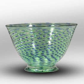 Signed ZELLIQUE STUDIO ART GLASS Pedestal Base Bowl 8 inches diameter, Green with Blue Swirl