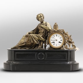 Quality 19th C. French Figural Mantle Clock Bronze Sculpture of a Philosopher on Black Marble