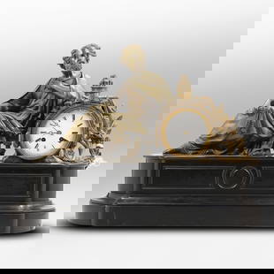 Quality 19th C. French Figural Mantle Clock Bronze Sculpture of a Philosopher on Black Marble: Quality 19th C. French Figural Mantle Clock Bronze Sculpture of a Philosopher on Black Marble. size: 16 in. height, 19 in. length PG