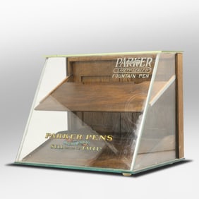 Original PARKER FOUNTAIN PENS Slant Glass Store Counter Display Case - All Good Stenciling