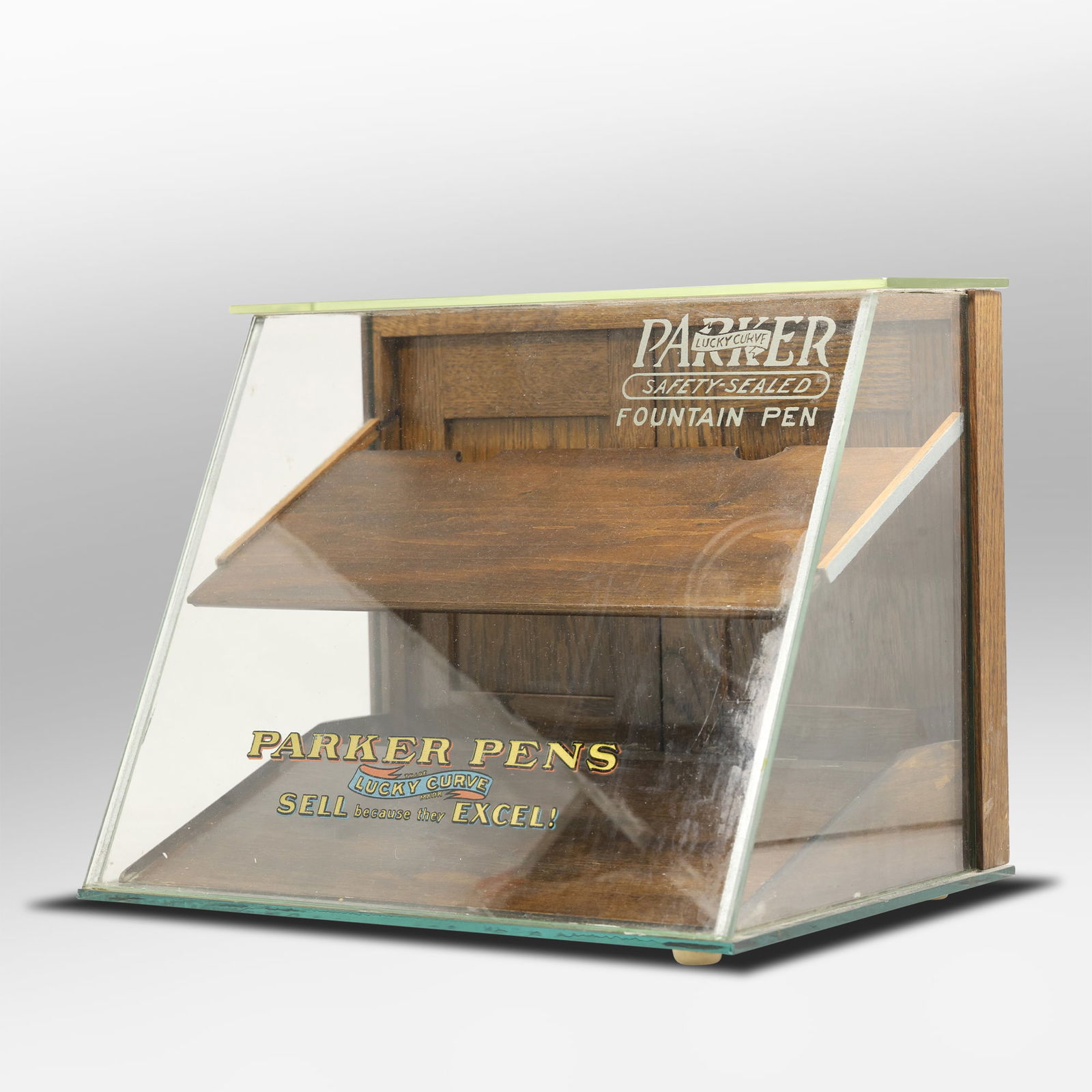 Original PARKER FOUNTAIN PENS Slant Glass Store Counter Display Case - All Good Stenciling (1 of 20)