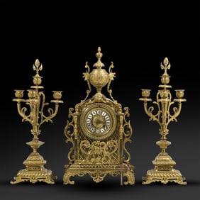 19th C. 3-Piece French Napoleon III Bronze Clock Set with Graniture Candelabras