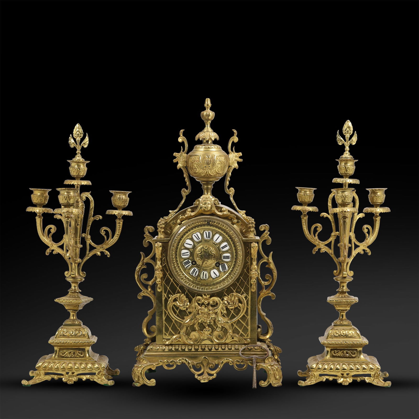 19th C. 3-Piece French Napoleon III Bronze Clock Set with Garniture Candelabras (1 of 20)