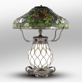 20th C. Leaded Glass Crab Shade Lamp on Blown Out Glass Base - Nice Quality Lamp, Unsigned