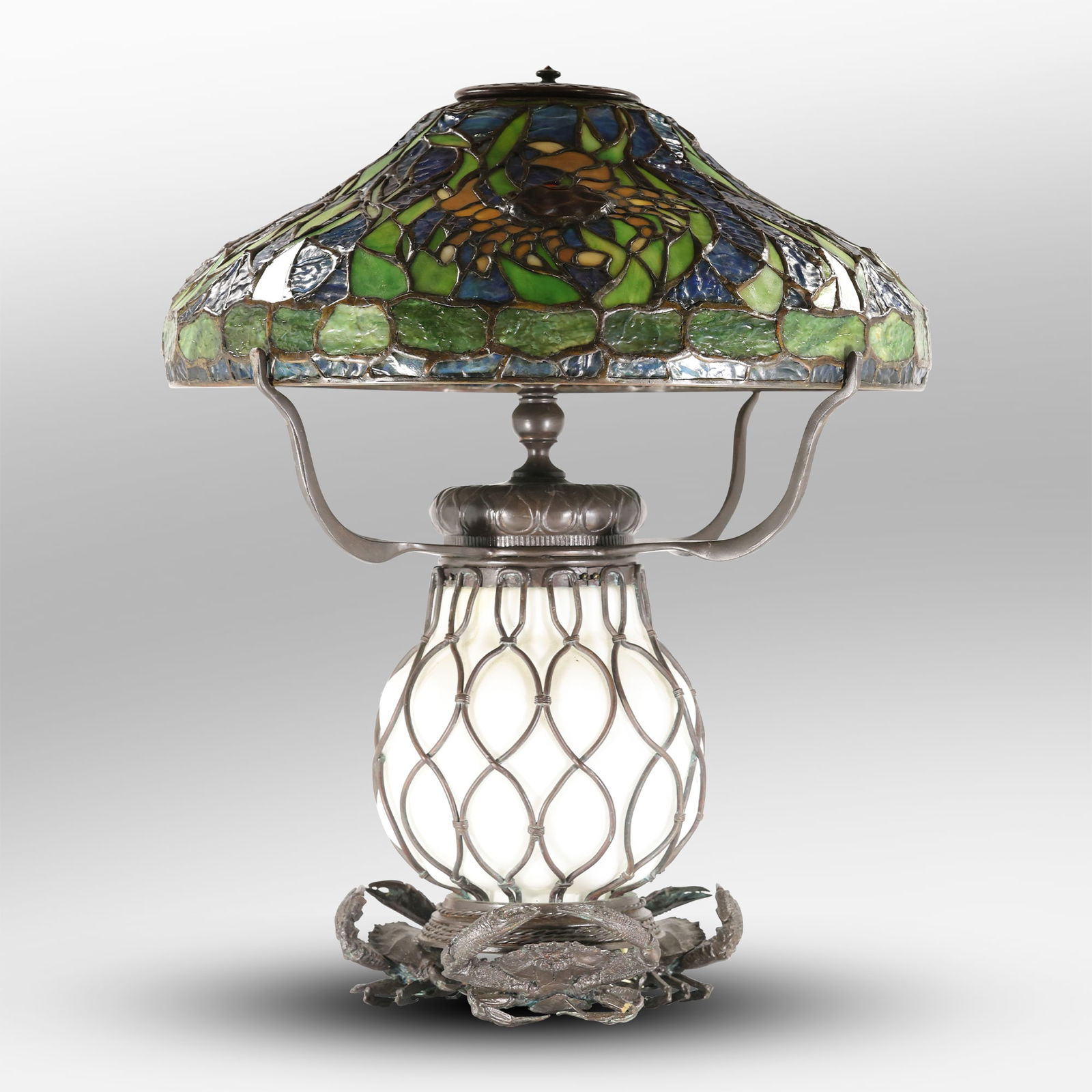 20th C. Leaded Glass Crab Shade Lamp on Blown Out Glass Base - Nice Quality Lamp, Unsigned (1 of 20)