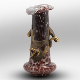 Very Unusual Red and Gold Applied Fused Glass Vase 10.5 in. height x 5.5 in. wide