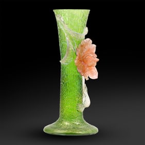 Loetz Art Glass Pate De Verre Floral Vase Green with Applied Pink Rose Flower 11 in. height