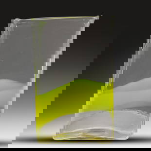 Pierre Cardin for Venini Murano Italian Ribbon Glass Vase. 9.5 in. height x 6.5 in. wide: Pierre Cardin for Venini Murano Italian Ribbon Glass Vase. size: 9.5h 6.5w PG ; This vintage piece is attributed to the iconic designer Pierre Cardin and crafted by the renowned Murano glassworks, Ven