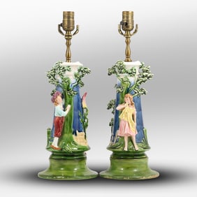 Pair of Porcelain Art Nouveau Majolica Children Vases Table Lamps 18.5 in. height x 6.75 in. wide