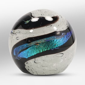 Signed Kan 1999, Studio Art Glass Swirl Ball Sculpture 5 in. diameter