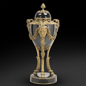 French Louis XVI style gilt bronze and royal blue porcelain urn or cassolette, Ram's Heads 22.5 in.