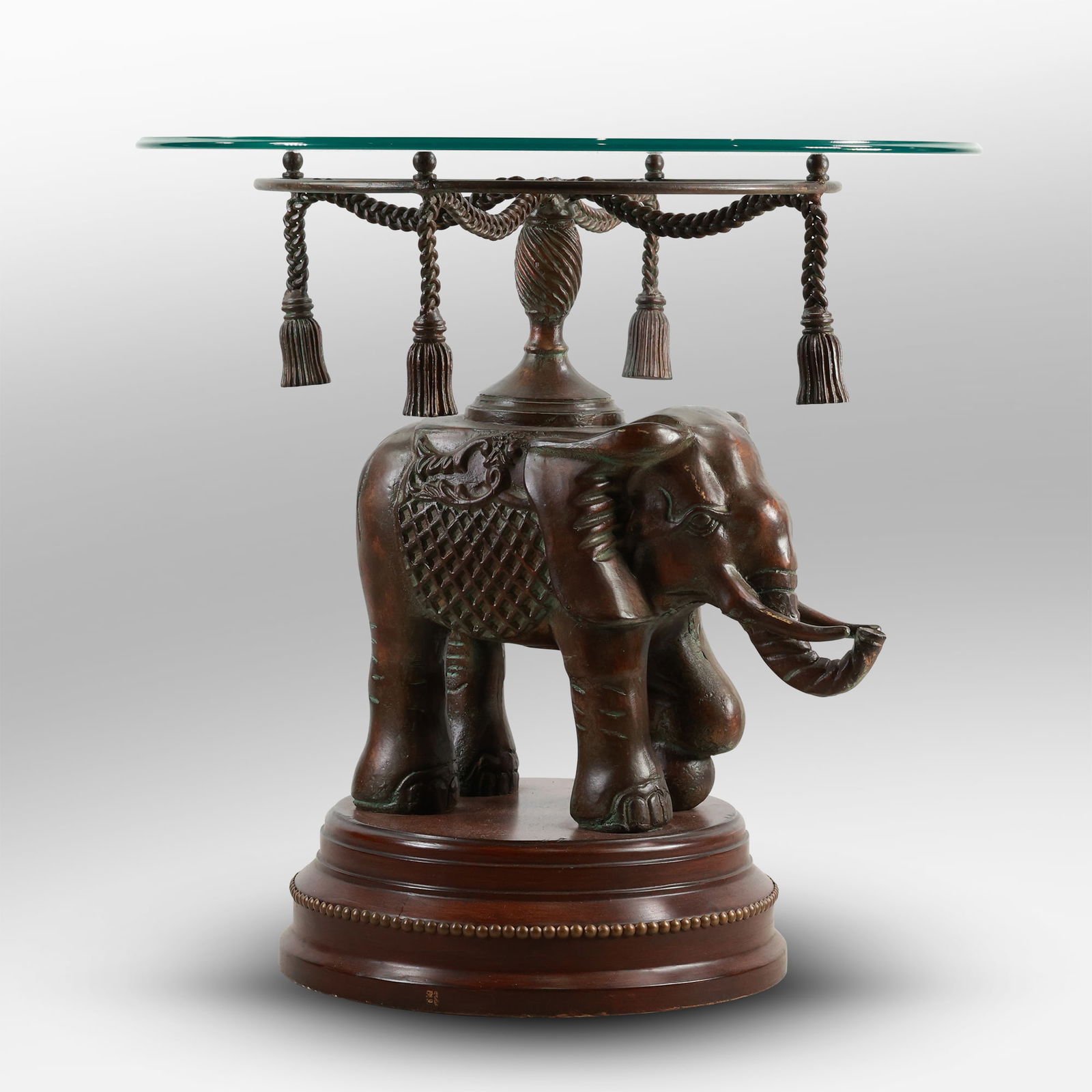 Maitland Smith Bronzed Wood Elephant Glass Table, Glass Top , 26 in. height x 26 in. wide (1 of 15)
