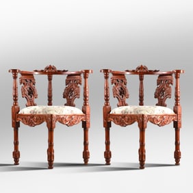 Pair Continental Carved Walnut Corner Chairs 35 in. height x 22 in. wide