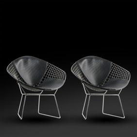 2 Knoll Bertoia Style Chrome Wire Diamond Back Lounge Chairs with Back & Seat Cushions