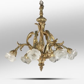 Fine Quality Antique French Gilt Bronze 5-Arm Chandelier with Sain Glass Flower Shades