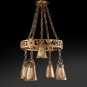 Fabulous Arts & Crafts Hand Hammered Metal 5 Light Slag Glass Chandelier Hangs 40 in., 25 in. dia.