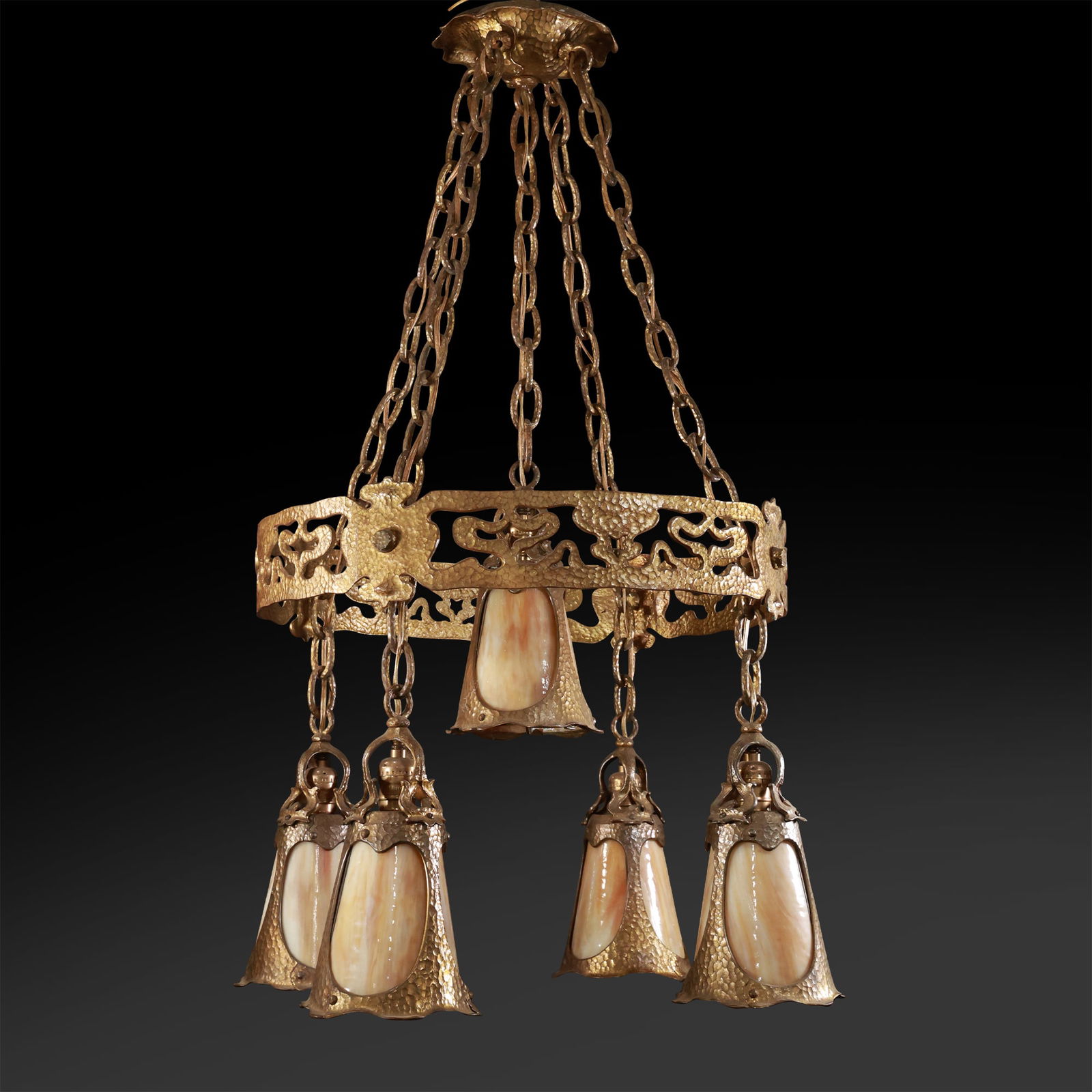 Fabulous Arts & Crafts Hand Hammered Metal 5 Light Slag Glass Chandelier Hangs 40 in., 25 in. dia. (1 of 20)