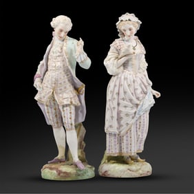 Pair Large 19th C. Fine French Porcelain Classical Man and Woman Statues 17 inches height