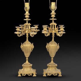 Pair Antique 19th C. French Bronze Table Top Candelabras Electrified 32 in. overall height