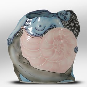 Nautilus Shell Goddess Woman Porcelain Vase Sculpture Vessel with Dolphin Guide, Nels Linde Signed