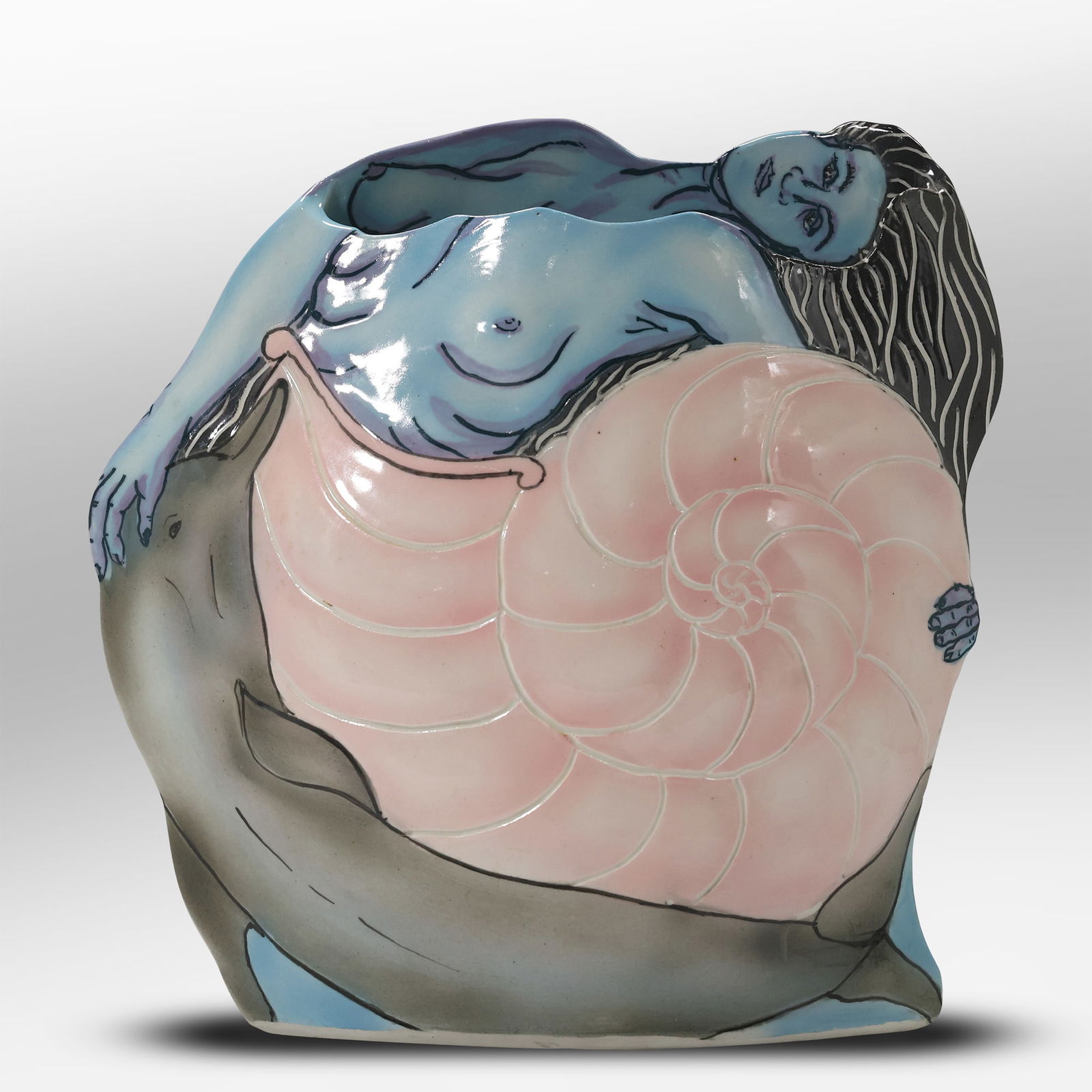 Nautilus Shell Goddess Woman Porcelain Vase Sculpture Vessel with Dolphin Guide, Nels Linde Signed (1 of 20)