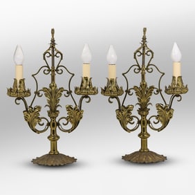Pair French Bronze Table Top Electric Candleabra Lamps, 23 inches height x 8 in. wide