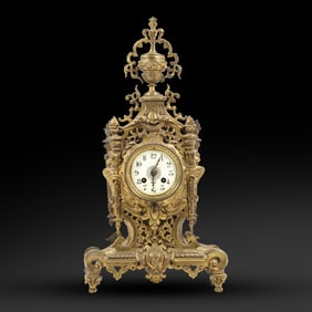 Ornate 19th C. Bronze Louis XV Style Gilt Mantel Clock 21.5 inches height x 10.75 in. wide