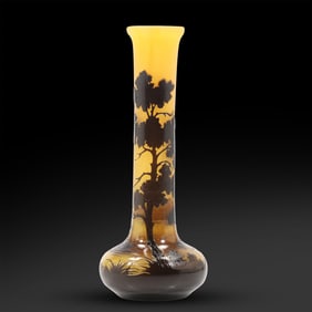 Galle French Cameo Glass Scenic Vase 9.5 in. height, 4 in wide base, signed Galle