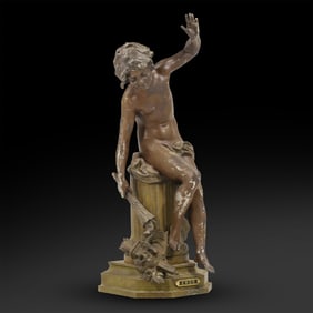 Classical statue of Eros seated on column, late 19th C., cast and painted spelter, name plate base