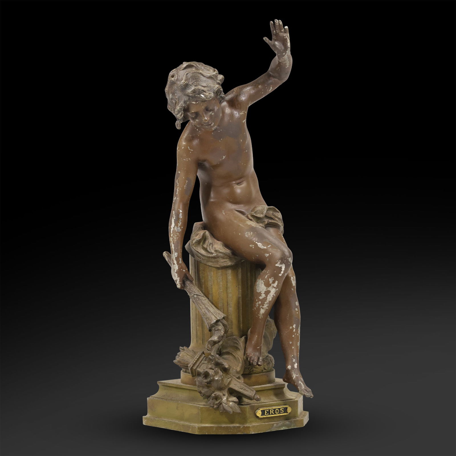Classical statue of Eros seated on column, late 19th C., cast and painted spelter, name plate base (1 of 20)