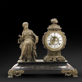 Ansonia Clock Co. Figural Mantel Clock with Seated Classical Woman, Open Escapement Dial