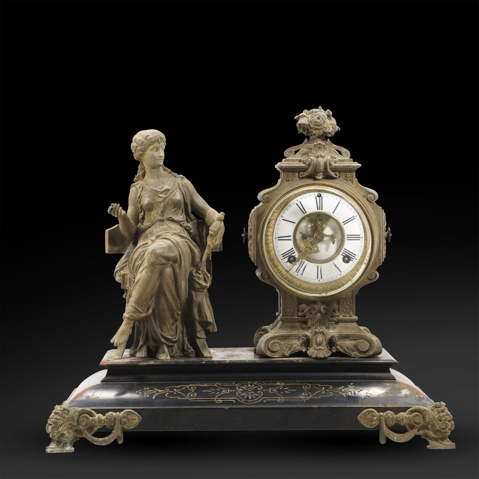 Ansonia Clock Co. Figural Mantel Clock with Seated Classical Woman, Open Escapement Dial (1 of 20)