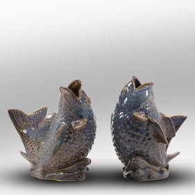 2 Large Majolica KOI Fish Figural Planter Vases 13 in. height x 14 in. length