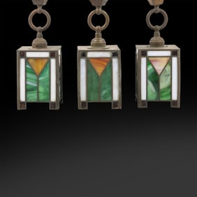 Set of 3 Antique Arts & Crafts Leaded Slag Glass Hanging Lantern Lights Geometric Pattern