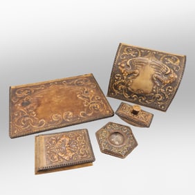 5 Piece Victorian Reniassance Tooled Leather Desk Set with Winged Griffins - See Pictures