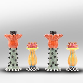 Judie Bomberger  2 Pairs of Colorful Fubky Ceramic Candlesticks, Signed