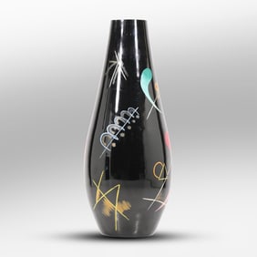 20thC. German Mid-Century Modern Painted and Etched Glass Vase