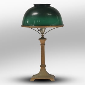Green Cased Glass Emeralite Style Dome Table Lamp, All Original, Wiring Good, 13 in. diameter