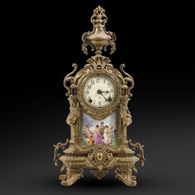 LOUIS XIV REVIVAL GILT METAL AND PORCELAIN MANTLE CLOCK, BY THE ANSONIA CLOCK CO 18 inches height