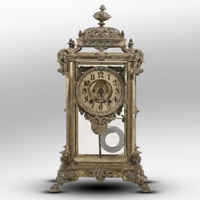 Ansonia Clock Co., New York, "Excelsior" Crystal Regulator in Silver Plate Patina 20.5 in. height