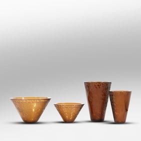 Set 4 Thick Amber Glass with Lava Textures Sides  Sasaki Bowls / Vases - Original Label